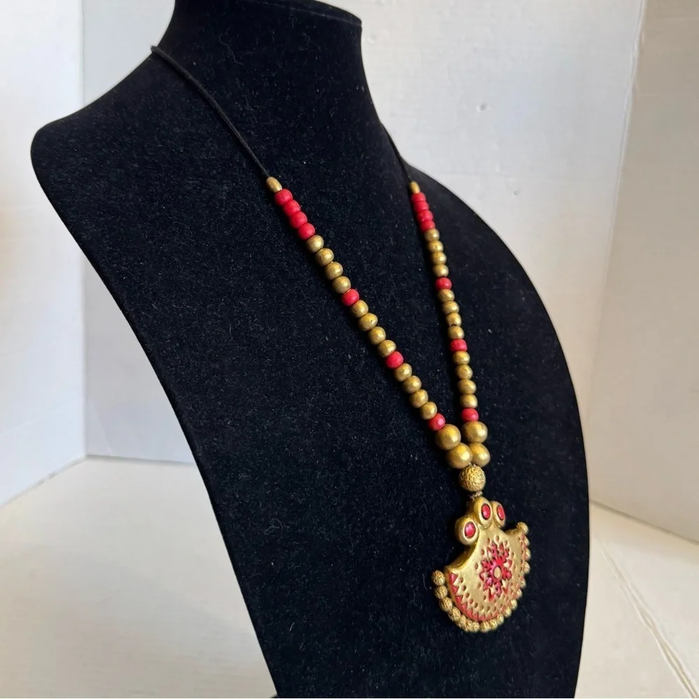Terracotta Necklace Indian Bollywood Style Gold Red Temple Wedding Jewelry - Picture 8 of 16